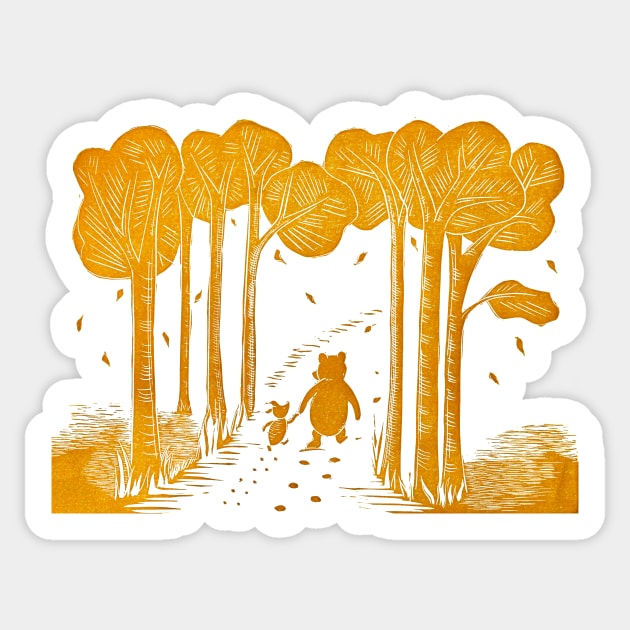 Winnie the Pooh and Piglet Linocut Sticker by Maddybennettart